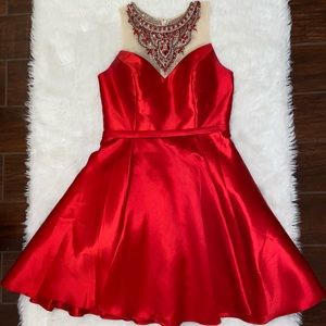 Red beaded homecoming dress.
